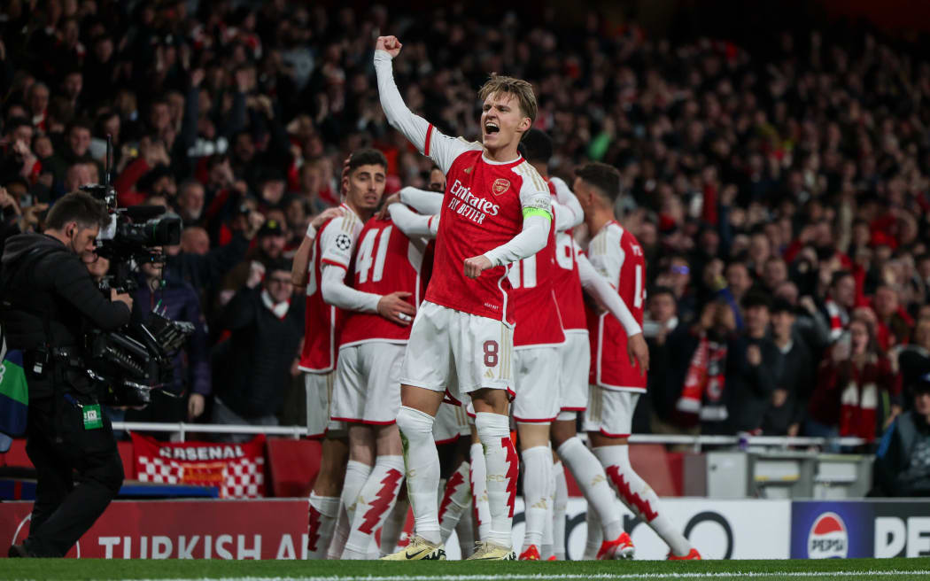Martin Odegaard celebrates an Arsenal goal.