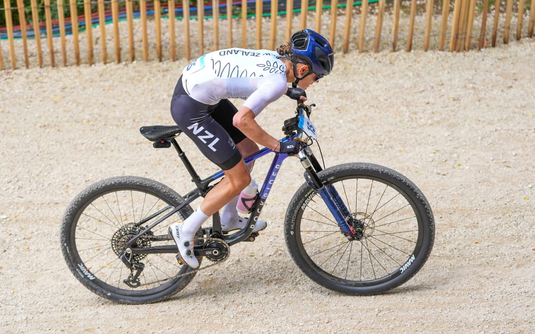 Sammie (Samara) Maxwell competing in women's cross-country mountain biking, Paris 2024 Olympic Games, 28 July 2024.
