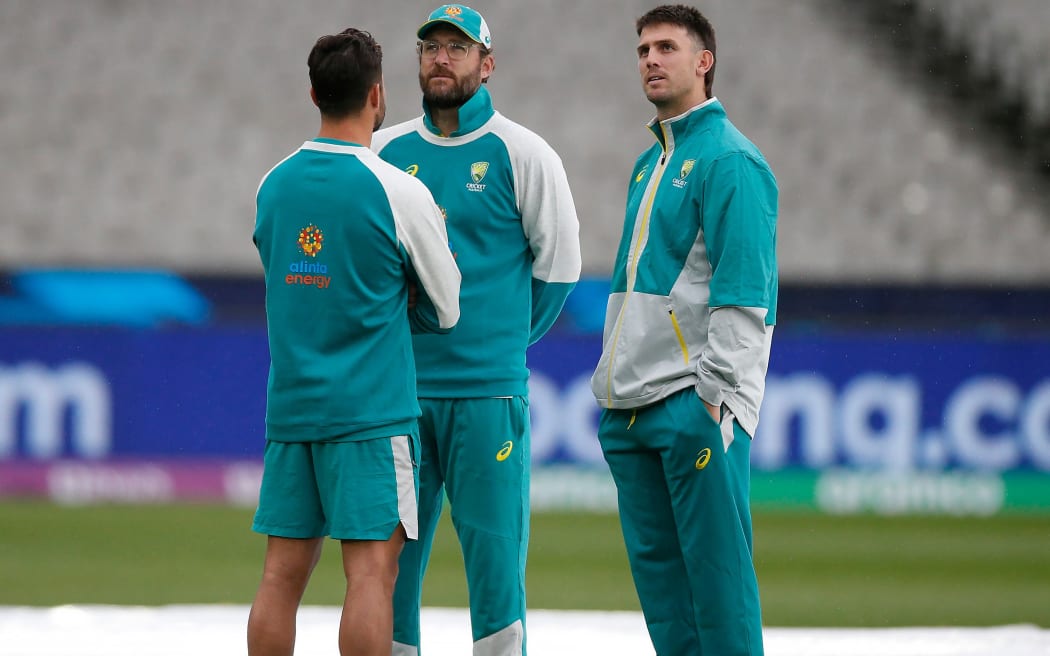 Australia's Mitchell Marsh and spin bowling coach Daniel Vettori look on before start of play during the ICC Men’s T20 World Cup between Australia and England at the Melbourne Cricket Ground (MCG) in Melbourne, Australia. Friday 28 October 2022. Copyright Photo: Raghavan Venugopal / www.photosport.nz