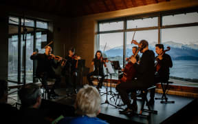 String sextet onstage at Rippon Hall, Wanaka.