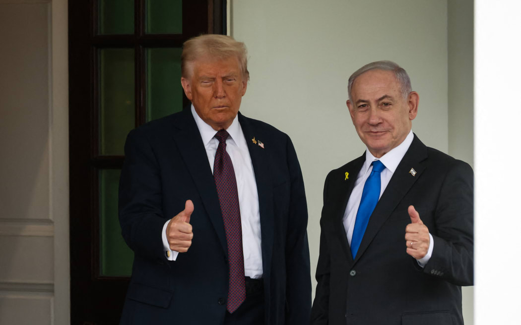U.S. President Donald Trump welcomes Israeli Prime Minister Benjamin Netanyahu to the White House for a meeting, in Washington, D.C., U.S., on September 29, 2025.   The two leaders will discuss a peace plan for Gaza, following Trump’s warning last week that Israel should not annex the West Bank. (Photo by Allison Bailey/NurPhoto) (Photo by Allison Bailey / NurPhoto via AFP)