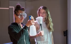 Julia Croft and Karin McCracken rehearsing for Body Double, on at Bats Theatre from November 10.