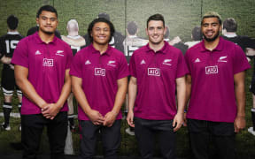 New All Blacks Tupou Vaai, Caleb Clarke, Will Jordan and Hoskins Sotutu. All Blacks team naming, NZ Rugby House, Wellington, New Zealand, Sunday 6th September 2020. Copyright photo: John Cowpland / www.photosport.nz