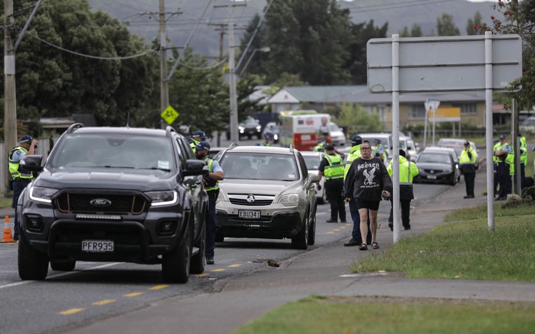 Police set up checkpoints in Wainuiomata ahead of a tangi for slain gang member Albert Enoka on 17 November, 2024.