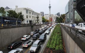 Cars stuck in gridlock traffic during heavy rain in Auckland on 9 May, 2023.