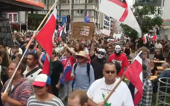 Protesters on Federal Street in central Auckland, outside the SkyCity complex