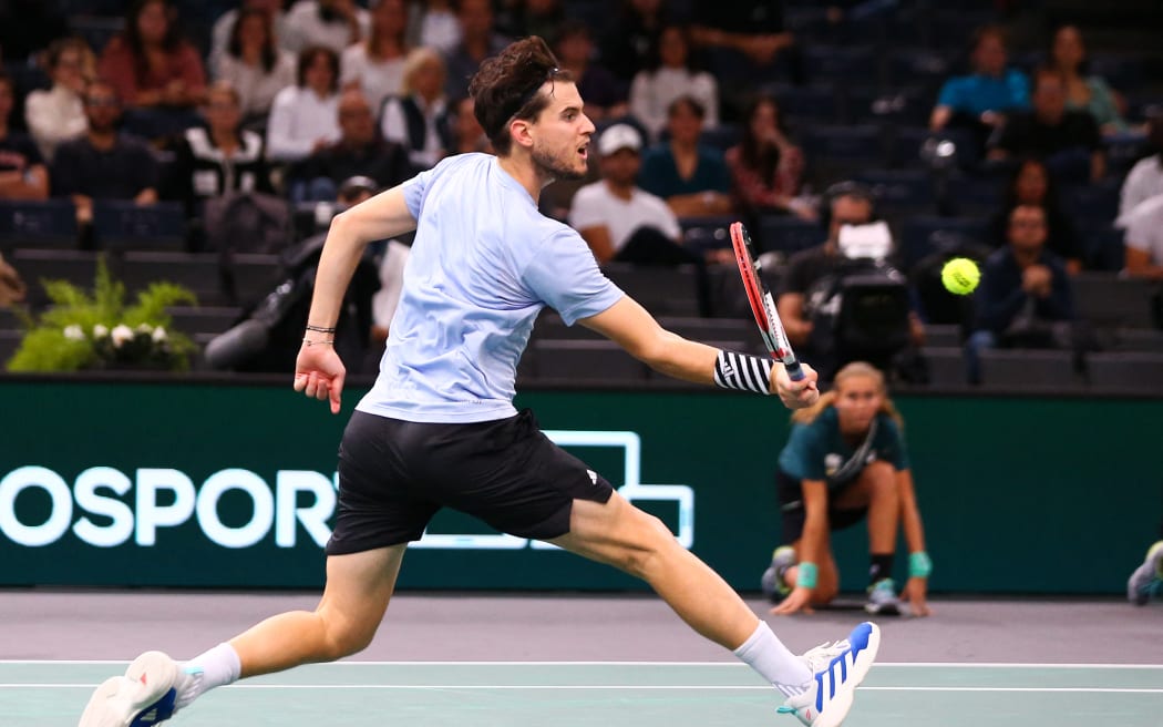 Dominic Thiem during his his men's singles match with Holger Rune on day three of the Paris ATP Masters 1000 tennis tournament at the Accor Arena - Paris-Bercy. (Photo by Ibrahim Ezzat/NurPhoto) (Photo by Ibrahim Ezzat / NurPhoto / NurPhoto via AFP)