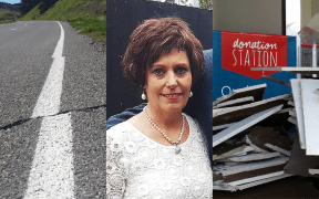 Left to right: A damaged road near Seddon, Awatere Valley parish nurse Rachael Westenra, and collapsed panels in a supermarket in Seddon