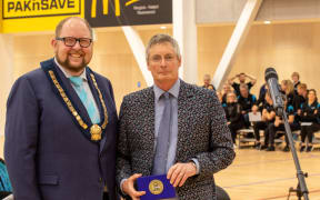 Waimakariri Mayor Dan Gordon (left) and North Canterbury Sport and Recreation Trust chairperson Don Robertson at the stadium’s opening in August 2021.