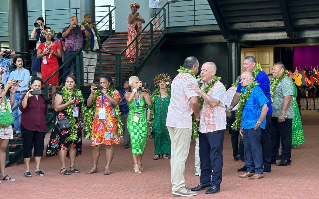 Leaders arriving and greeted by the Cook Islands PM and Forum chair Mark Brown at the opening ceremony of the 52nd Pacific Islands Forum Leaders Meeting in Rarotonga. 6 November 2023.