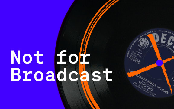 A podcast cover with a bright blue background, featuring vintage vinyl records with a scratched-out song (physically scratched on the vinyl surface) and scratched-out labels, and the title Not for Broadcast.