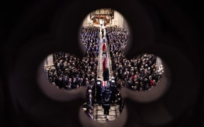The remains of former US President Jimmy Carter arrive at the Washington National Cathedral in Washington, DC, for a State Funeral Service on January 9, 2025. (Photo by Haiyun Jiang / POOL / AFP)