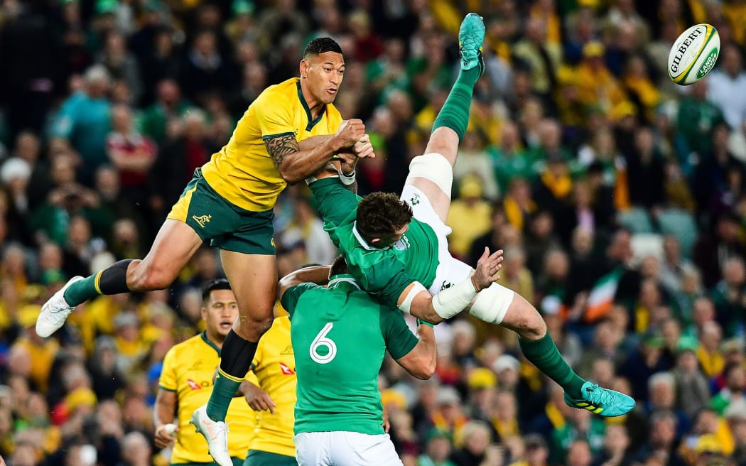 Israel Folau contesting the ball with Ireland's Peter O'Mahony - it ultimately cost him a one match ban.