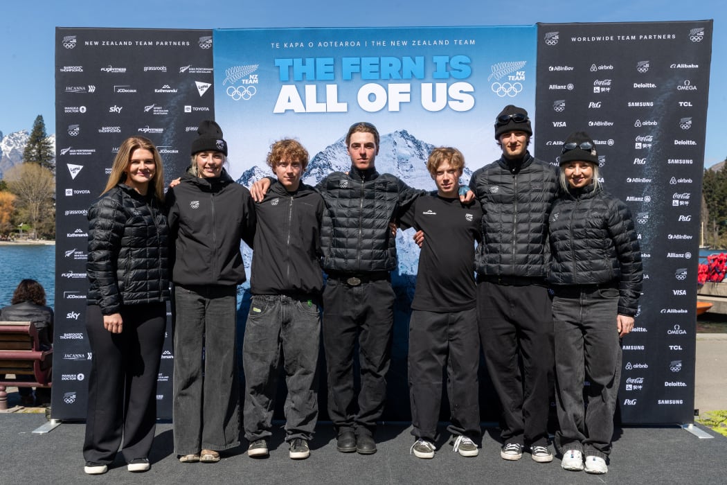 New Zealand Olympians (L to R) Alice Robinson, Zoi Sadowski-Synnott, Luca Harrington, Fin Melville Ives, Cam Melville Ives, Ben Barclay and Ruby Star Andrews pictured during the New Zealand Team first selection announcement for 2026 Winter Olympic Games.