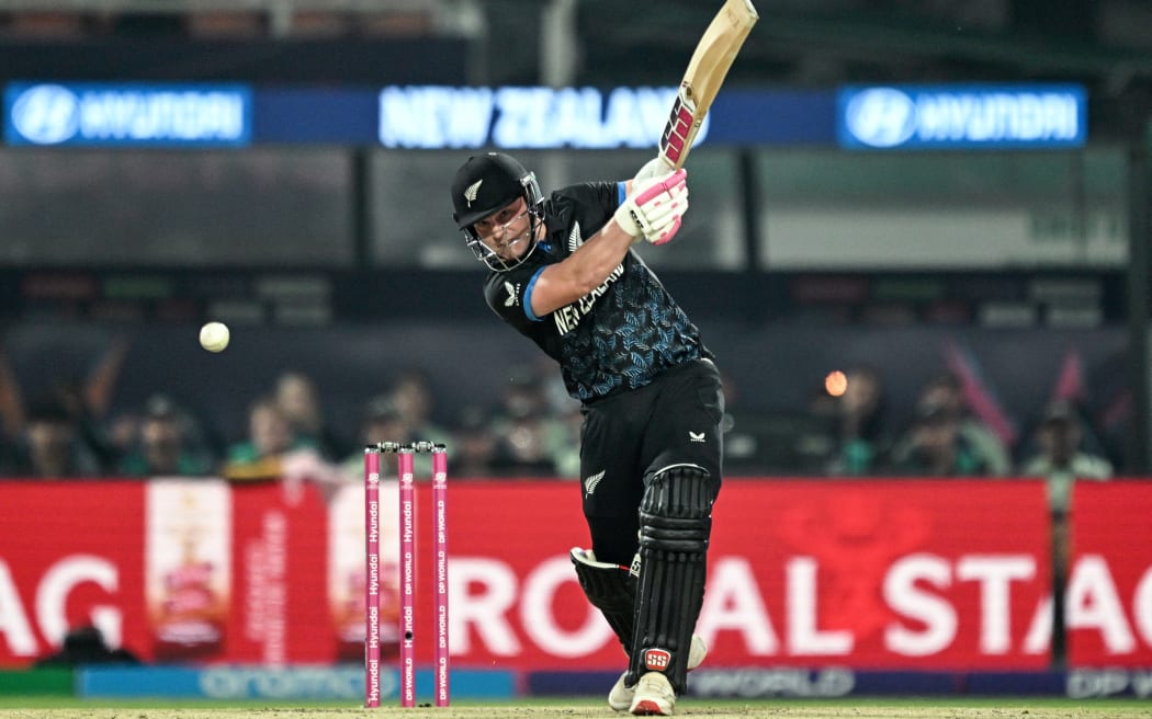 New Zealand's Tim Seifert plays a shot during the 2026 ICC Men's T20 Cricket World Cup semi-final match against South Africa at the Eden Gardens in Kolkata on March 4, 2026. (Photo by Arun SANKAR / AFP)