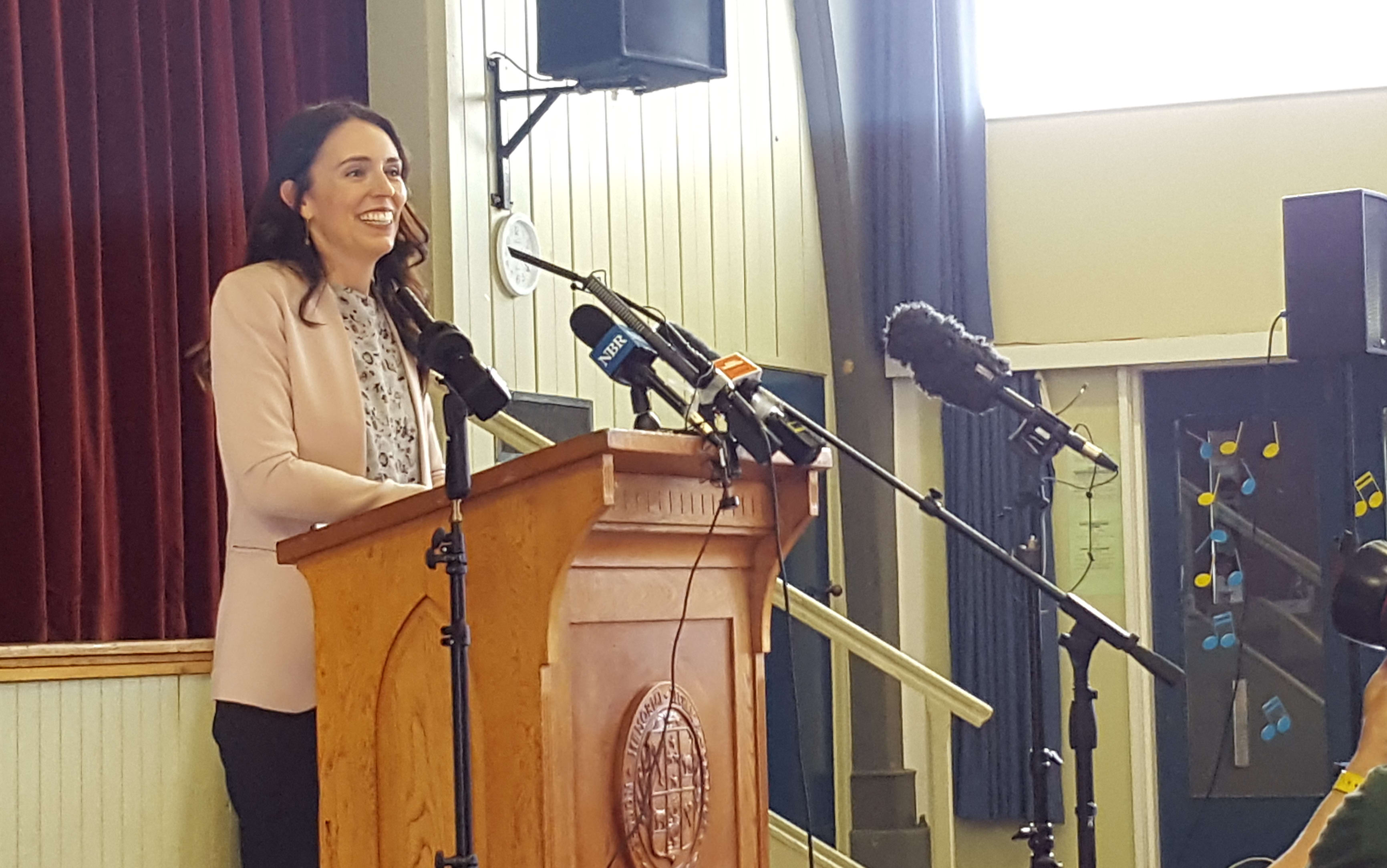 Labour Party leader Jacinda Ardern announces the party's education policy at Western Springs College in Auckland.
