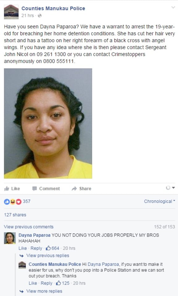 The Facebook message police posted, and the criminal's response.