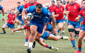 Manu Samoa's Abraham Papali'i on his way to scoring his first try against Chile in their 2027 Rugby World Cup qualifier ,