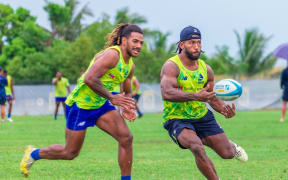Fijian Drua's Selesitino Ravataumada and Frank Lomani prepare for the Rebels clash in Nadi on Thursday.