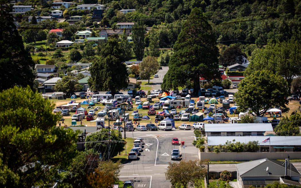 A group of people have been protesting against Covid-19 vaccine mandates at Nelson Square Reserve, Picton, since 7 February.
