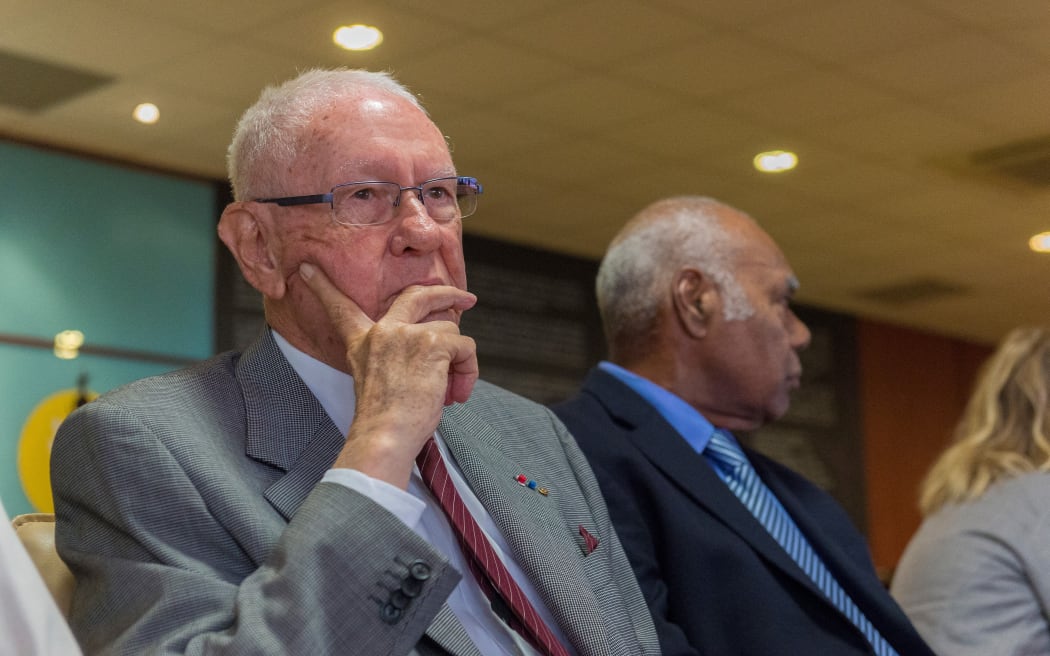 This file photo taken on November 13, 2013, UMP right-wing party's mayor Jean Leques (L) in Noumea. Jean Leques, mayor of Noumea from 1986 to 2014 and a strong supporter of keeping New Caledonia in France, has died at the age of 90
