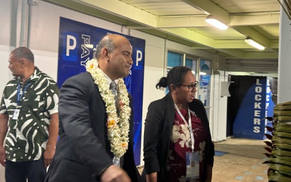Nauru President David Adeang, left, arrives in Rarotonga for the 52nd Pacific Islands Forum Leaders Meeting in the Cook Islands. 5 November 2023.