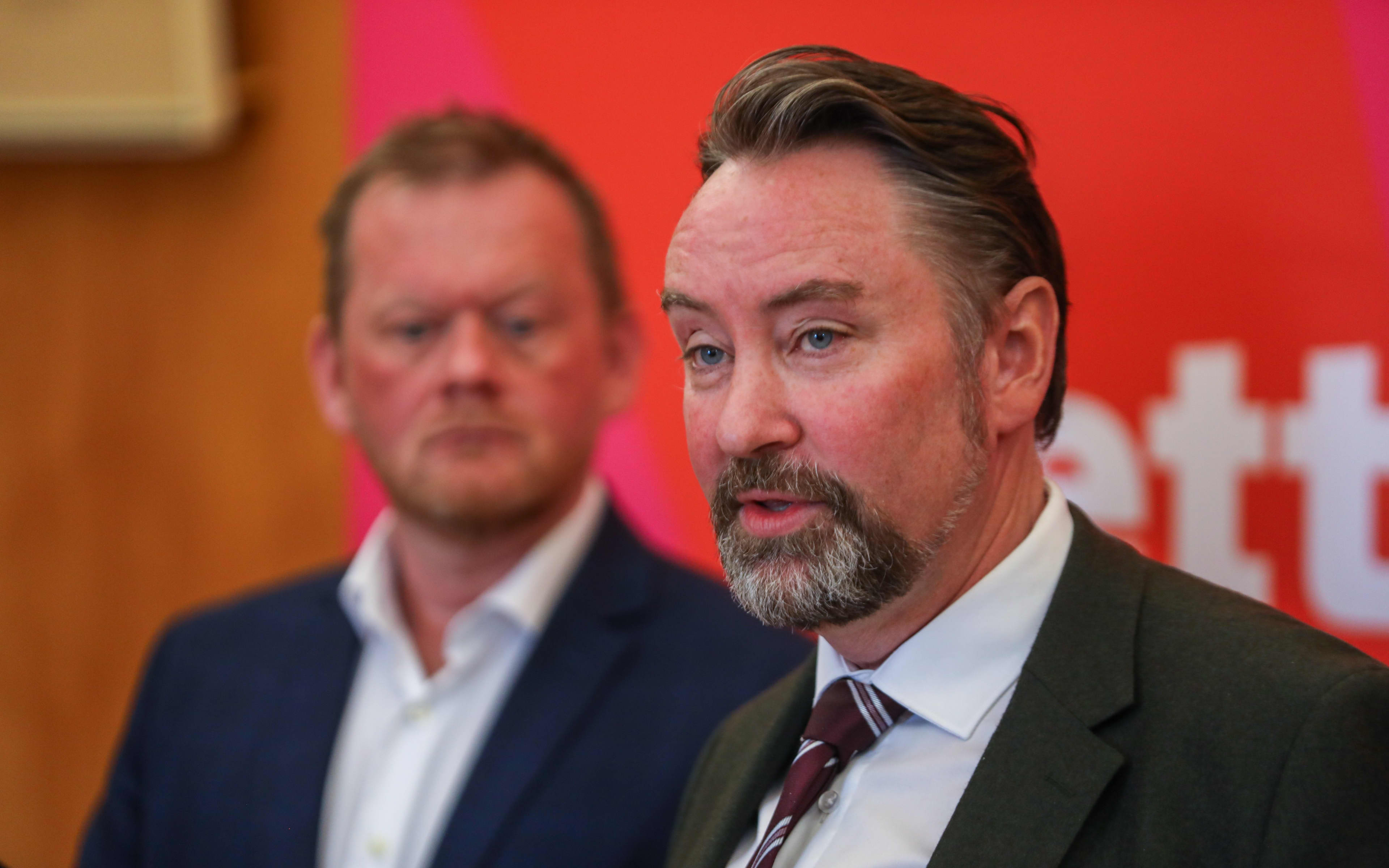 Labour science, technology and innovation spokesperson Reuben Davidson, right,and Wellington Bays candidate Craig Renney, left, speak on 19 October 2026 on the 
