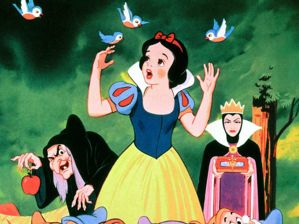 Snow White exclaims as birds fly above her, and a witch and evil queen stand behind her.