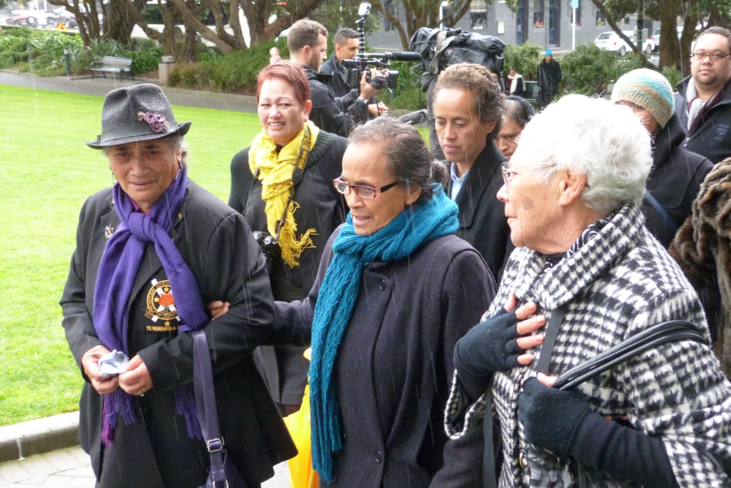 Turakina/Old Girls tangi (cry) as they lead a haka by Turakina students and supporters up to Parliament.