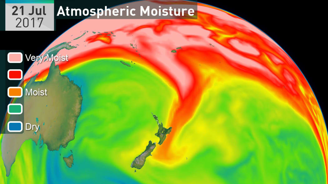 The atmospheric river brings heavy amounts of rain to areas of New Zealand.