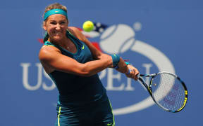 Victoria Azarenka of Belarus concentrates hard on a shot in New York