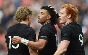 Damian McKenzie, Richie Mo'unga and Finlay Christie celebrate another try.
New Zealand All Blacks v USA in the 1874 Cup Rugby Union Test match. FedEx Field in Washington DC, USA. Saturday 23 October 2021. © Mandatory photo credit: Greg Fiume / www.photosport.nz