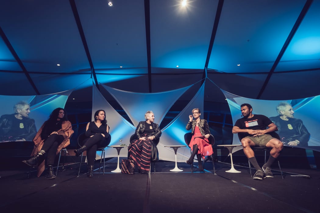 (L-R) Rosanna Raymond, Courtney Sina Meredith, Dr Ngahuia Te Awekotuku, Mihingarangi Forbes, Dr Pala Molisa