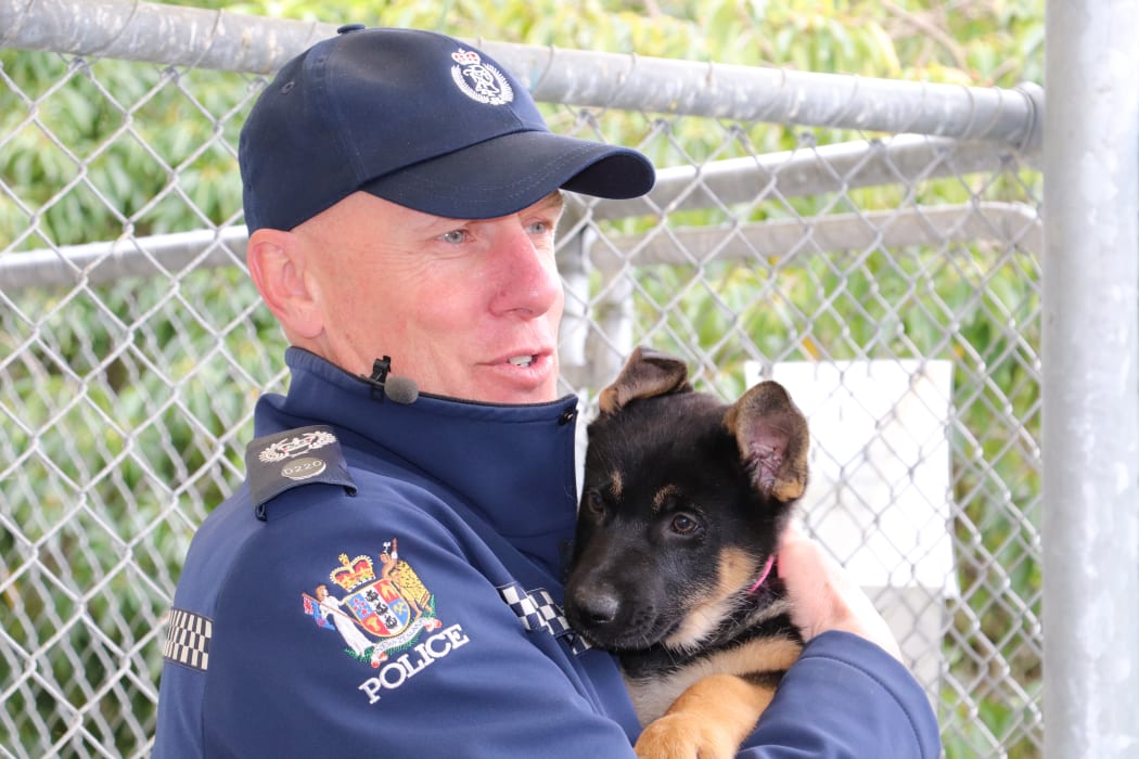 Senior Sergeant Chris Best with police dog puppy London