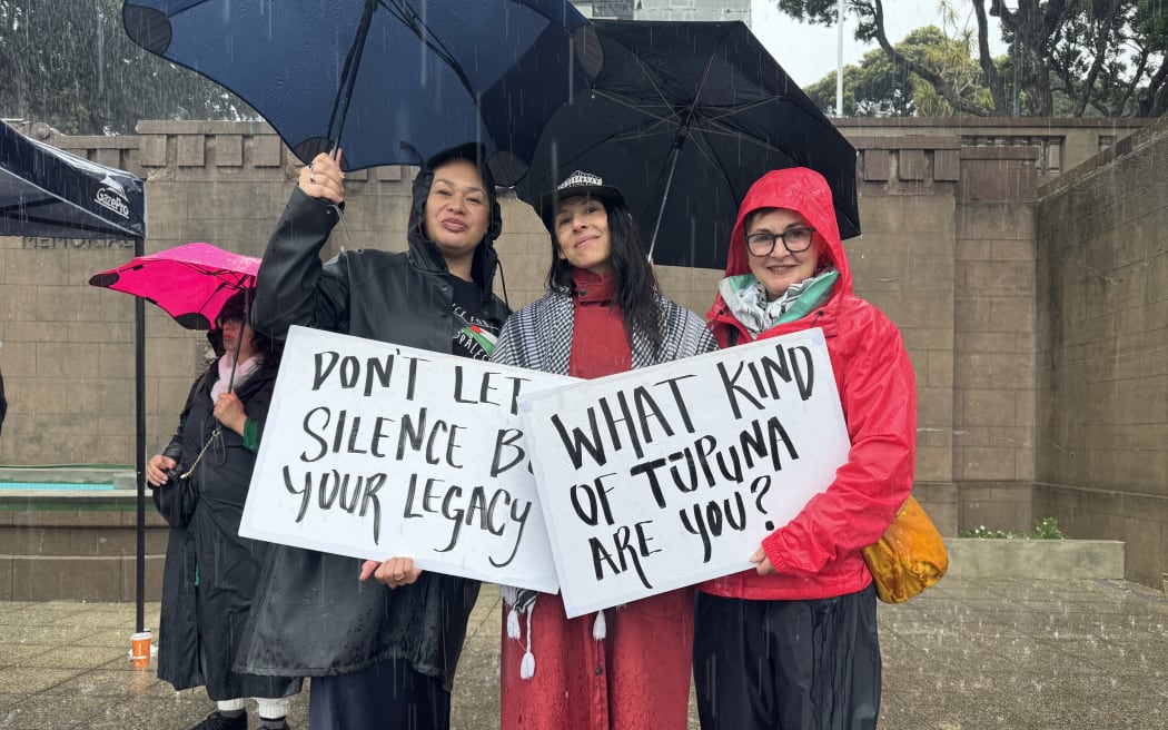 Wellington mayor Tory Whanau (left), Greater Wellington Regional Councillor Yadana Saw (middle), and deputy mayor Laurie Foon (right) at the pro-Palestine protest in Wellington.