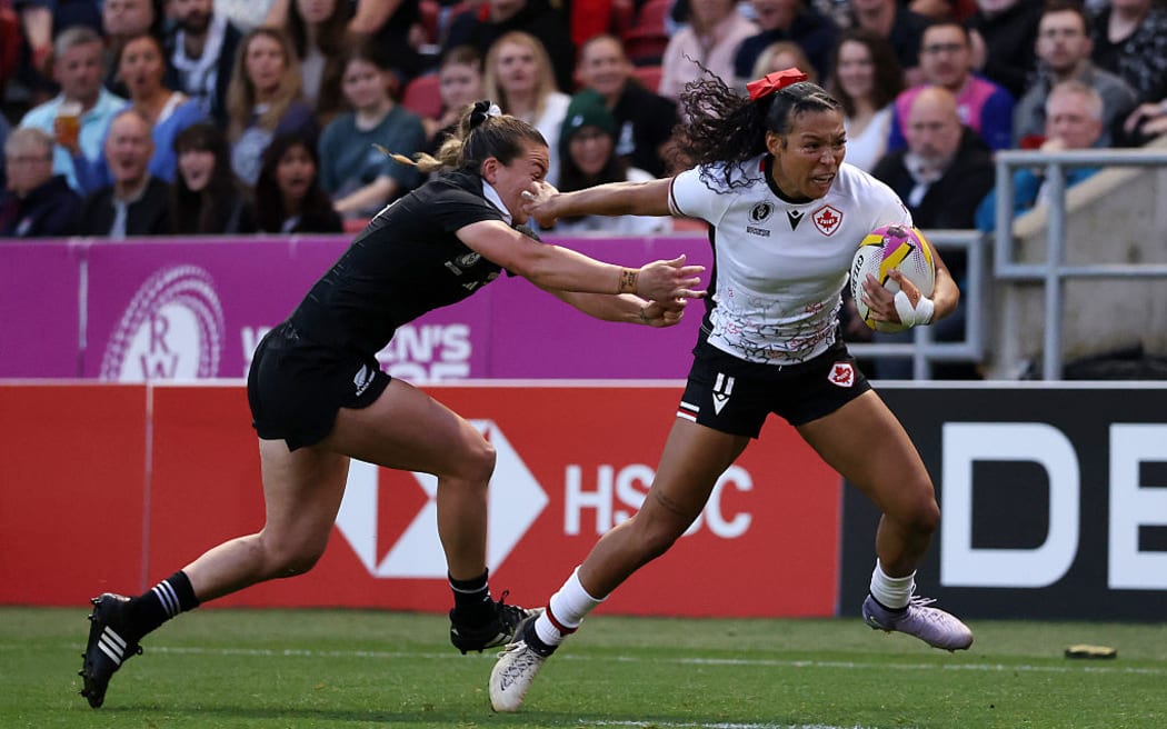 Asia Hogan-Rochester of Canada scores her team's second try during the Women's Rugby World Cup 2025 Semi Final match.