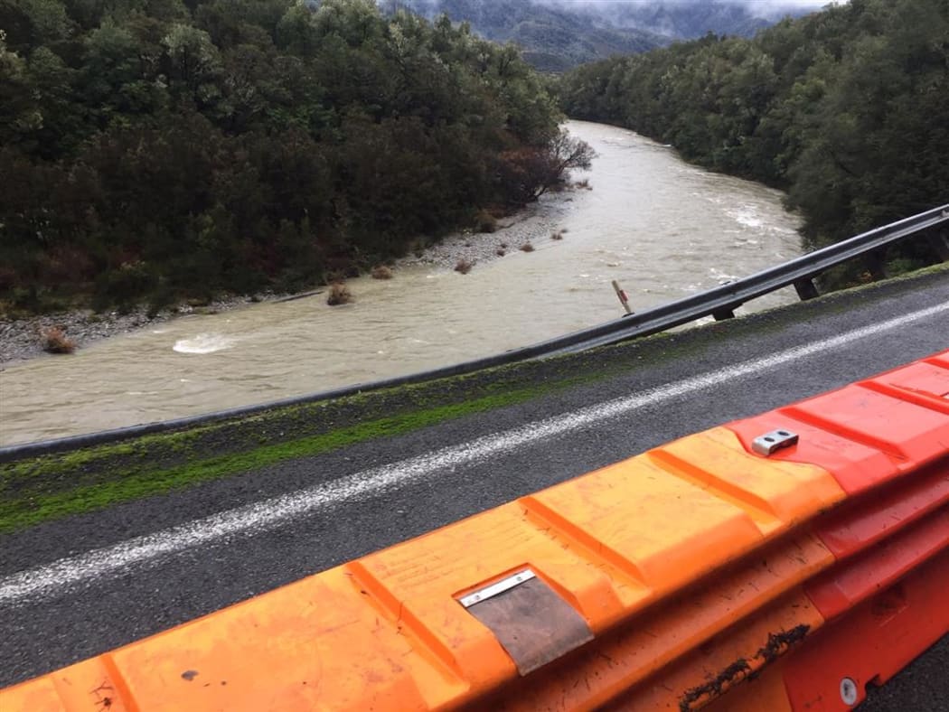 SH65 Deadman's dropout SH65 south of Murchison, from heavy rain, 30 and 31 May 2019, guardrail tipped over