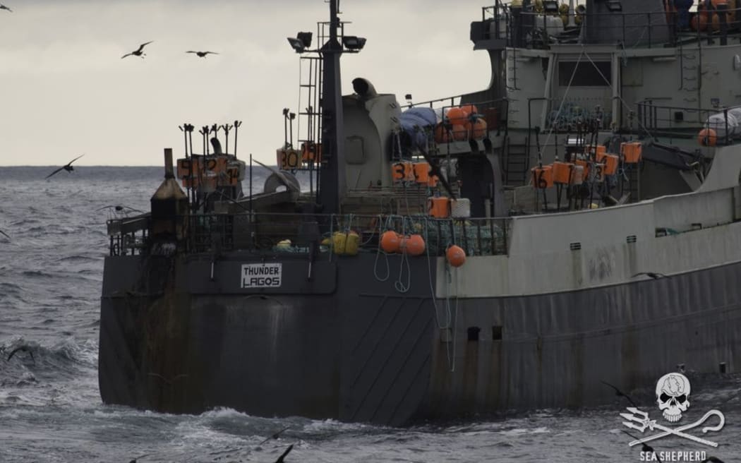 The 'Thunder', which Sea Shepherd claims is illegally fishing in the Southern Ocean.