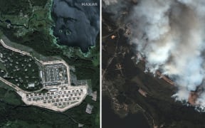 (COMBO) This combination of photographs created September 18, 2024, shows a handout satellite photograph taken by Maxar Technologies on September 7, 2024 (L) of an ammunition depot in Toropets, Russian Tver region and a satellite photograph taken on September 18, 2024 of the same depot after it was struck by Ukrainian drones. Ukrainian drones struck an arms depot in Russia's western Tver region early on September 18, 2024, sparking a massive blaze that led to the evacuation of nearby residents, a Ukrainian security source said. (Photo by Handout / Satellite image ©2024 Maxar Technologies / AFP) / RESTRICTED TO EDITORIAL USE - MANDATORY CREDIT "AFP PHOTO /Satellite image ©2024 Maxar Technologies  " - NO MARKETING NO ADVERTISING CAMPAIGNS - DISTRIBUTED AS A SERVICE TO CLIENTS -- THE WATERMARK MAY NOT BE REMOVED/CROPPED
