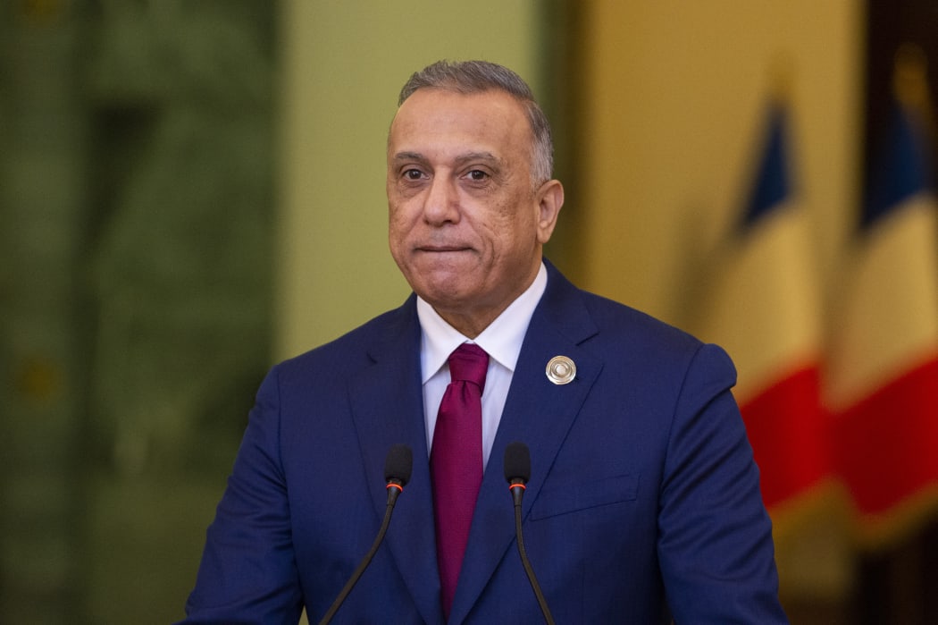 File photo taken on August 28, 2021, Iraqi Prime Minister Mustafa al-Kadhemi speaks during a joint press conference with the French President.