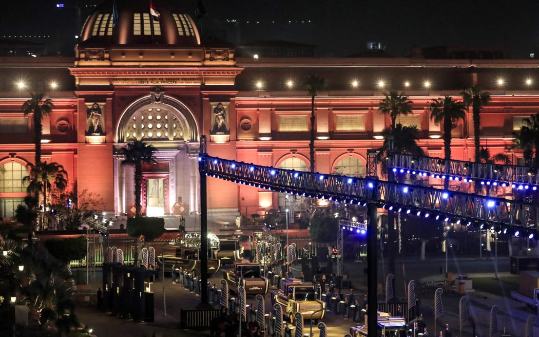 The carriages carrying 22 ancient Egyptian royal mummies depart from the Egyptian Museum in Cairo's Tahrir Square.