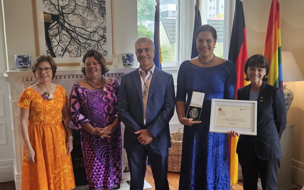 French Ambassador Laurence Beau, Cook Islands High Commissioner Elizabeth Wright-Koteka, Puai Wichman, Valery Wichman, German Ambassador Nicole Menzenbach.