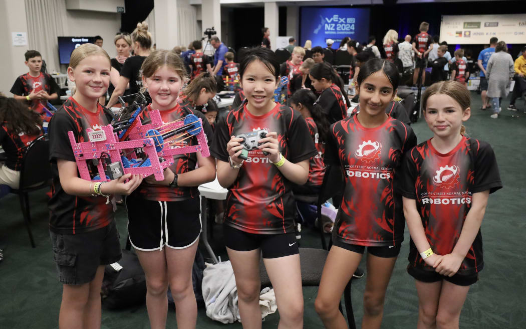 Girl Power team from College Street School in Palmerston North gets ready for the Kiwibots Nationals.