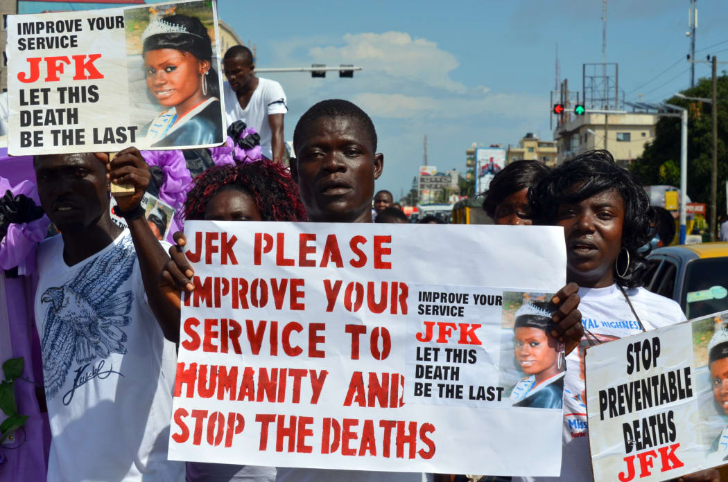 Protestors call for improvements after staff at Liberia's JFK Hospital refused to treat a student, who later died, without a note to say she was not infected with Ebola.