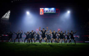 The All Blacks perform the haka before their test with Wales in Cardiff, 2025.