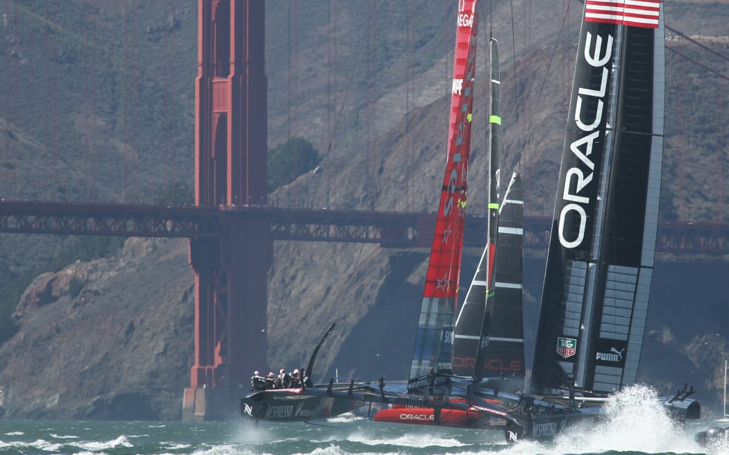 Team New Zealand race against Oracle in America's Cup 2013 in San Francisco.