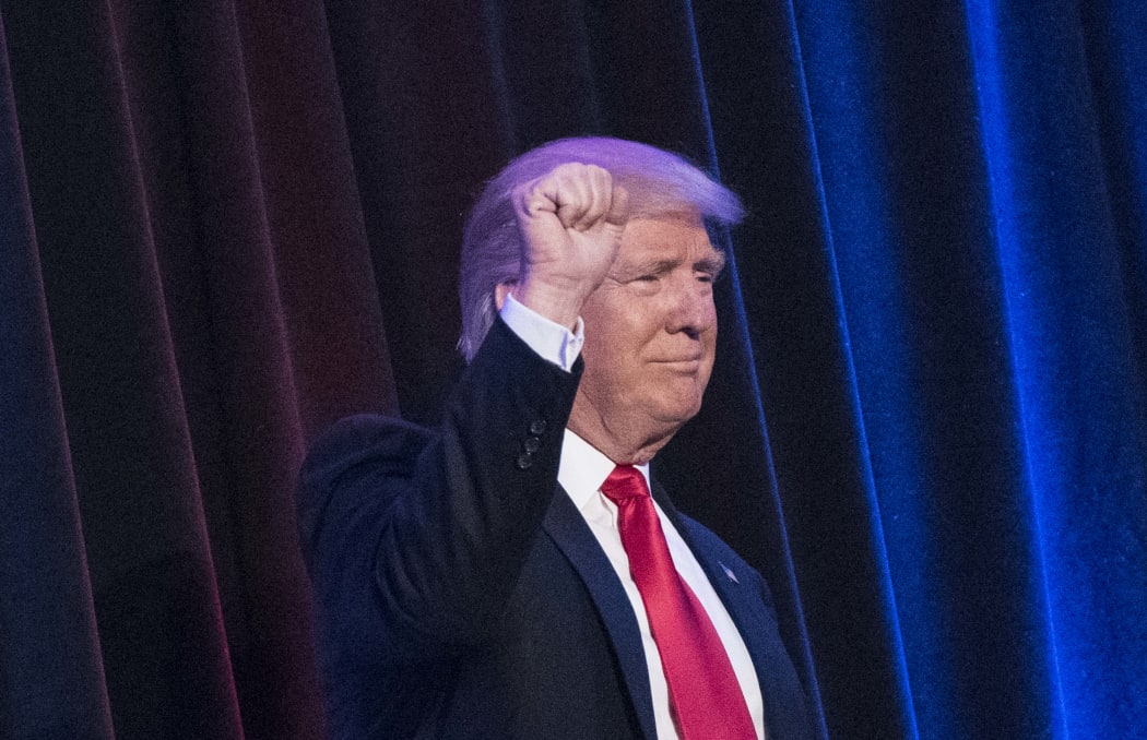 Donald Trump arriving at the New York Hilton Midtown to give his victory speech.