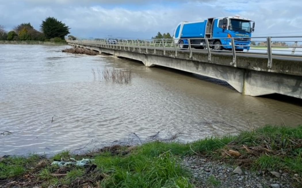 The Waihenga Bridge at 11.30am on 9 August, shortly before it was closed due to flooding.