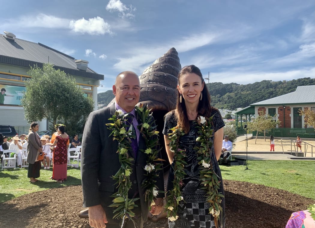 Cook Islands PM Mark Brown and New Zealand PM Jacinda Ardern at dedication of Te Reo Hotunui o Te Moana Nui a Kiwa, the Pacific Islands Memorial at Pukeahu.