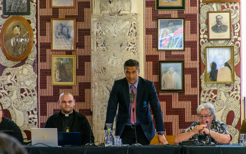 Ngāti Kahungunu Chair Bayden Barber speaks to iwi leaders at the hui.